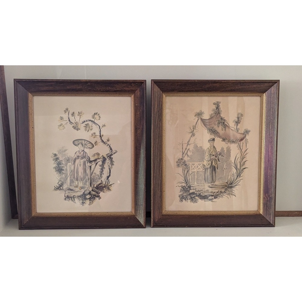 Vtg Chinoiserie-Style Lithographs The Bird Trainer and the Fisher Lady 12" x 14"